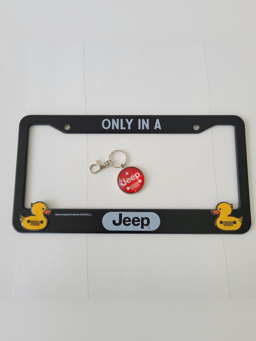 Jeep Black License Plate Frame with Yellow Duck Accents and Red Jeep Keychain